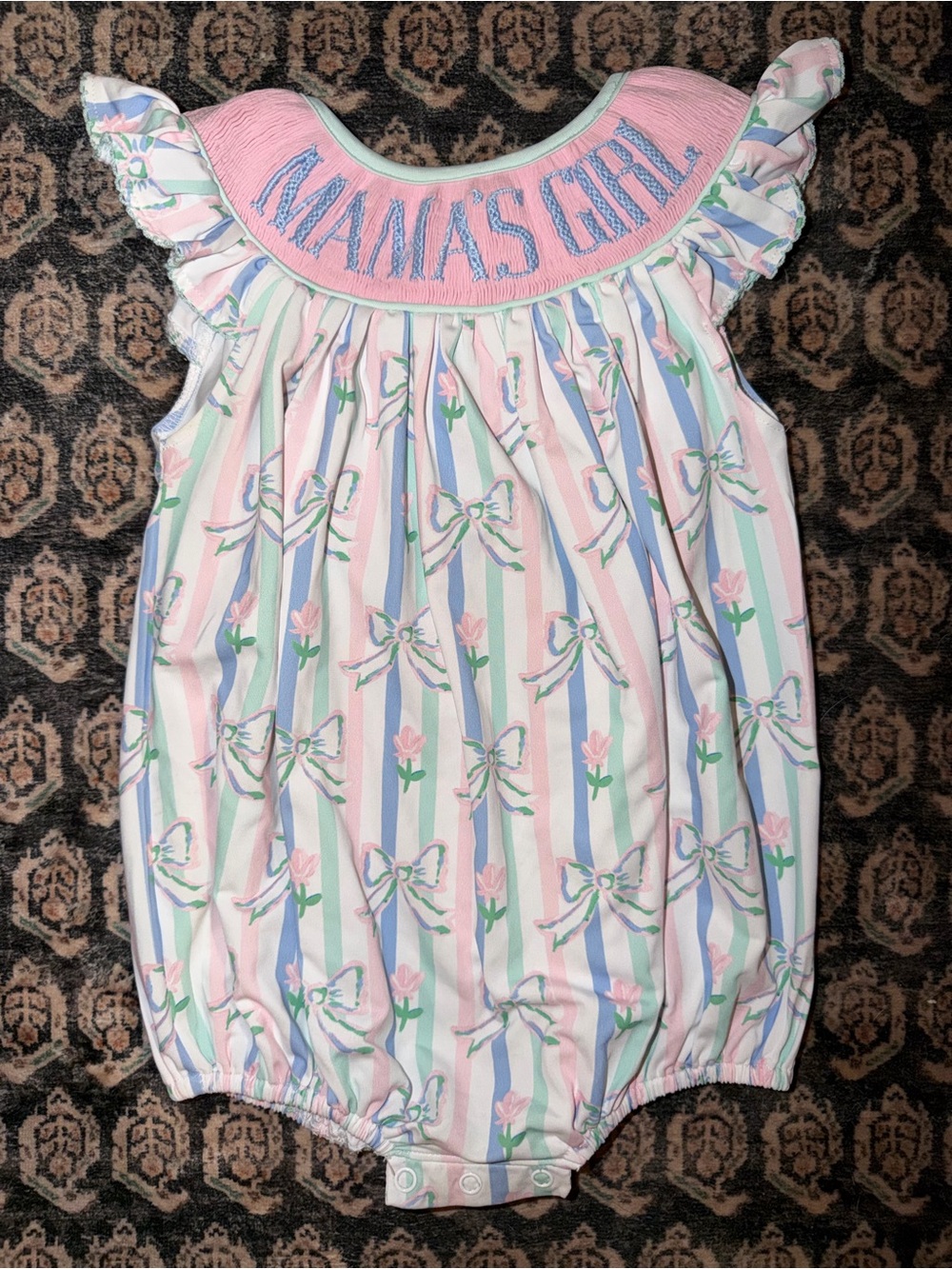 Mama's Girl smocked Pink Striped Floral Bow Baby One-Piece